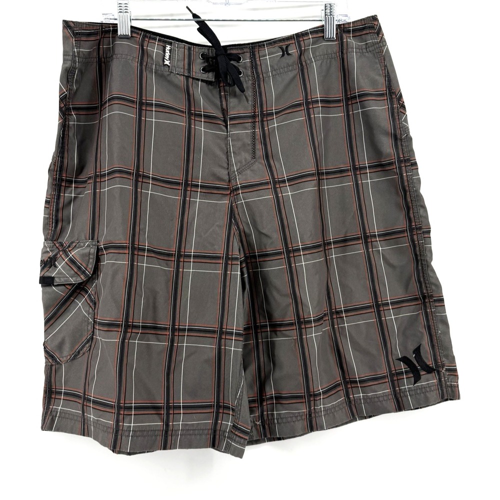 Hurley Board Shorts Men 36 Gray Plaid Surf Skater Swim Beach Pockets MB04PRT